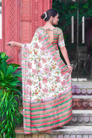 Unique Cream Color Color Pure Cotton Lilen With Digital Printed Designer Saree