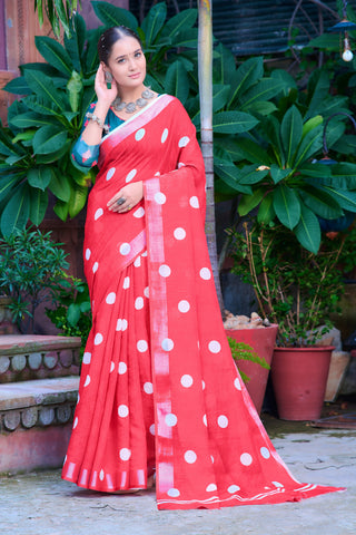 Wonderful Red Color Color Pure Cotton Lilen With Digital Printed Designer Saree