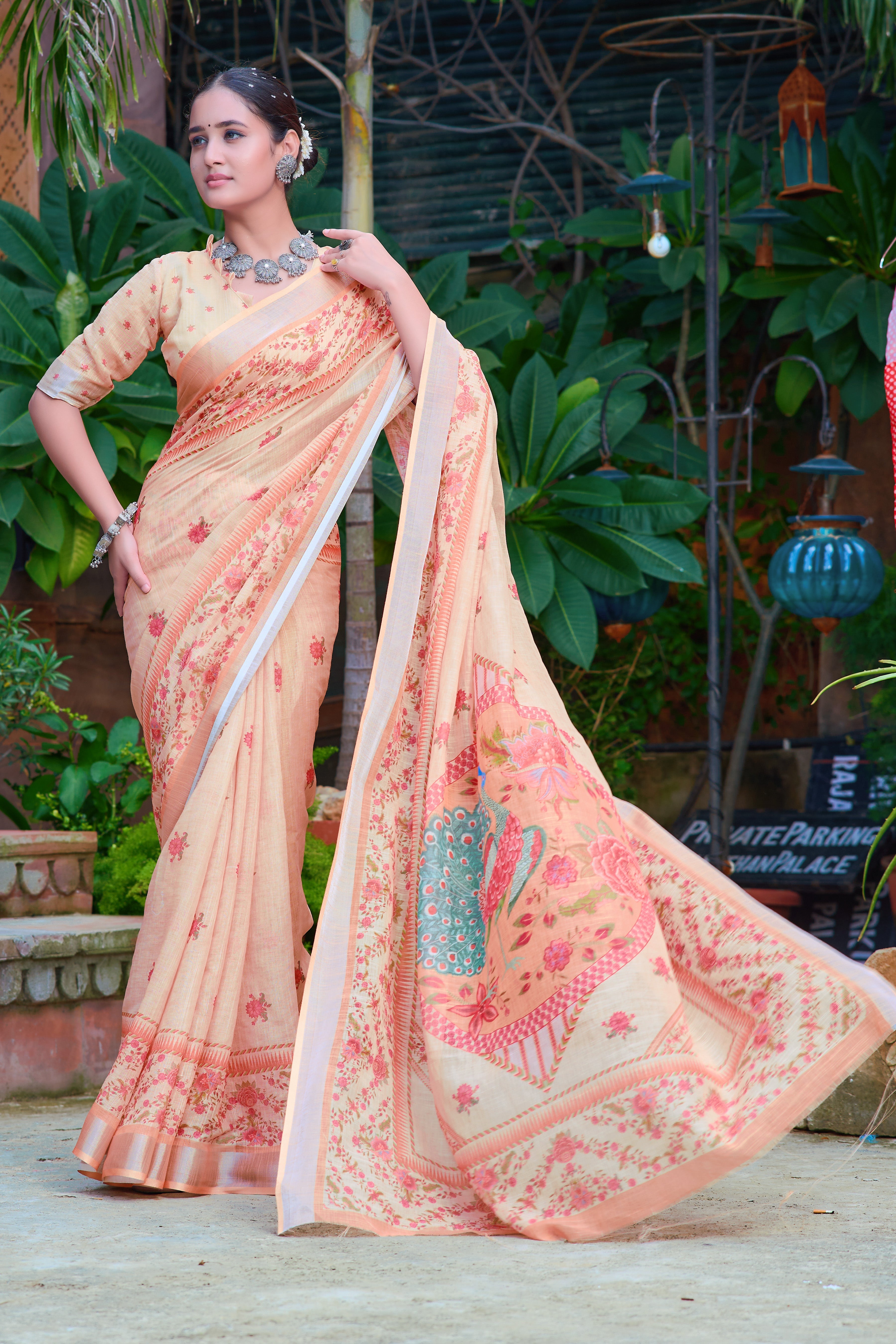 Eyes Catching Beige Color Color Pure Cotton Lilen With Digital Printed Designer Saree