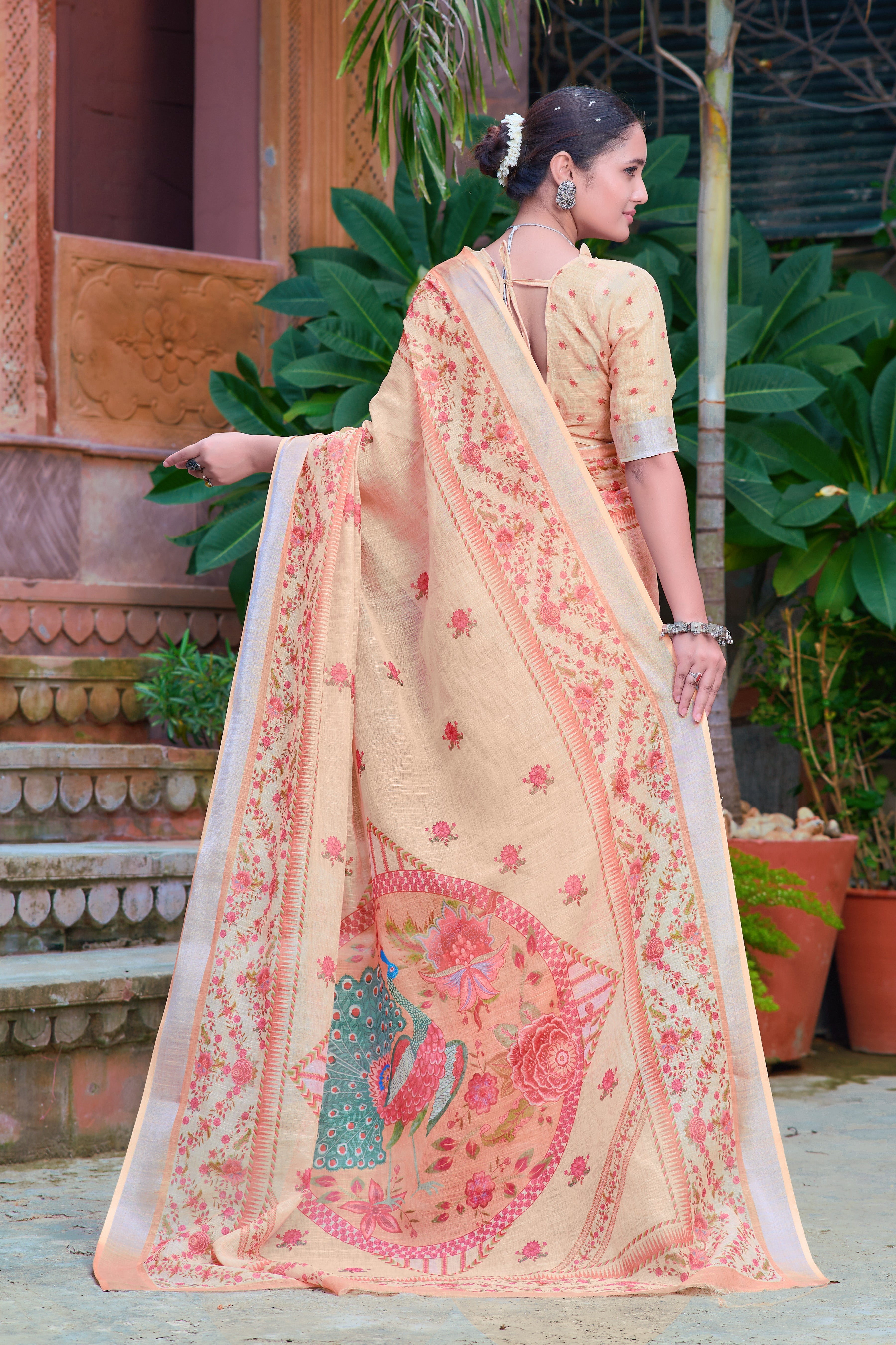 Eyes Catching Beige Color Color Pure Cotton Lilen With Digital Printed Designer Saree