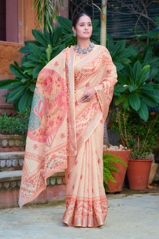 Eyes Catching Beige Color Color Pure Cotton Lilen With Digital Printed Designer Saree