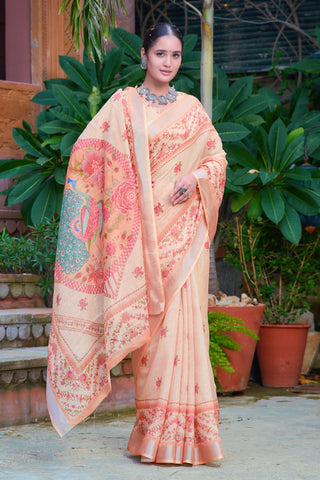 Eyes Catching Beige Color Color Pure Cotton Lilen With Digital Printed Designer Saree