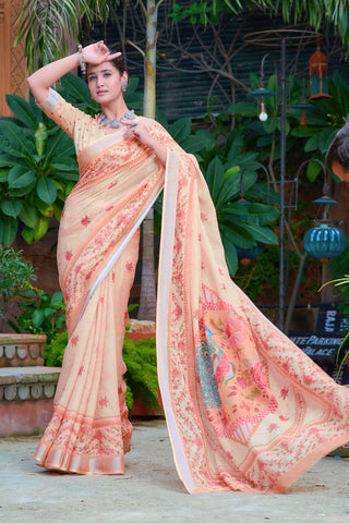 Eyes Catching Beige Color Color Pure Cotton Lilen With Digital Printed Designer Saree