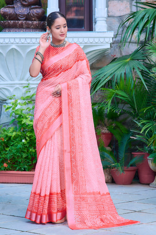 Delightful Peach Color Color Pure Cotton Lilen With Digital Printed Designer Saree