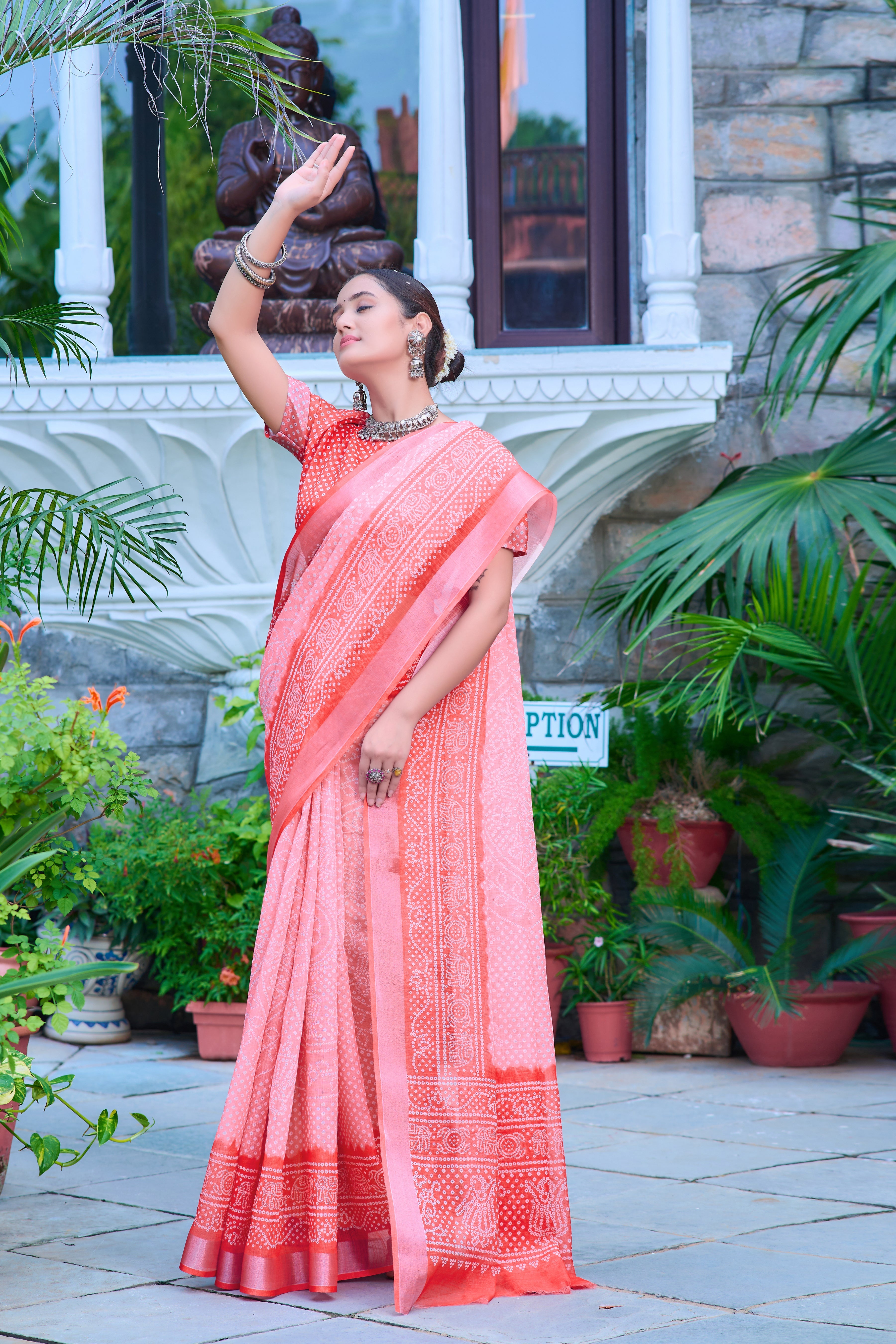 Delightful Peach Color Color Pure Cotton Lilen With Digital Printed Designer Saree