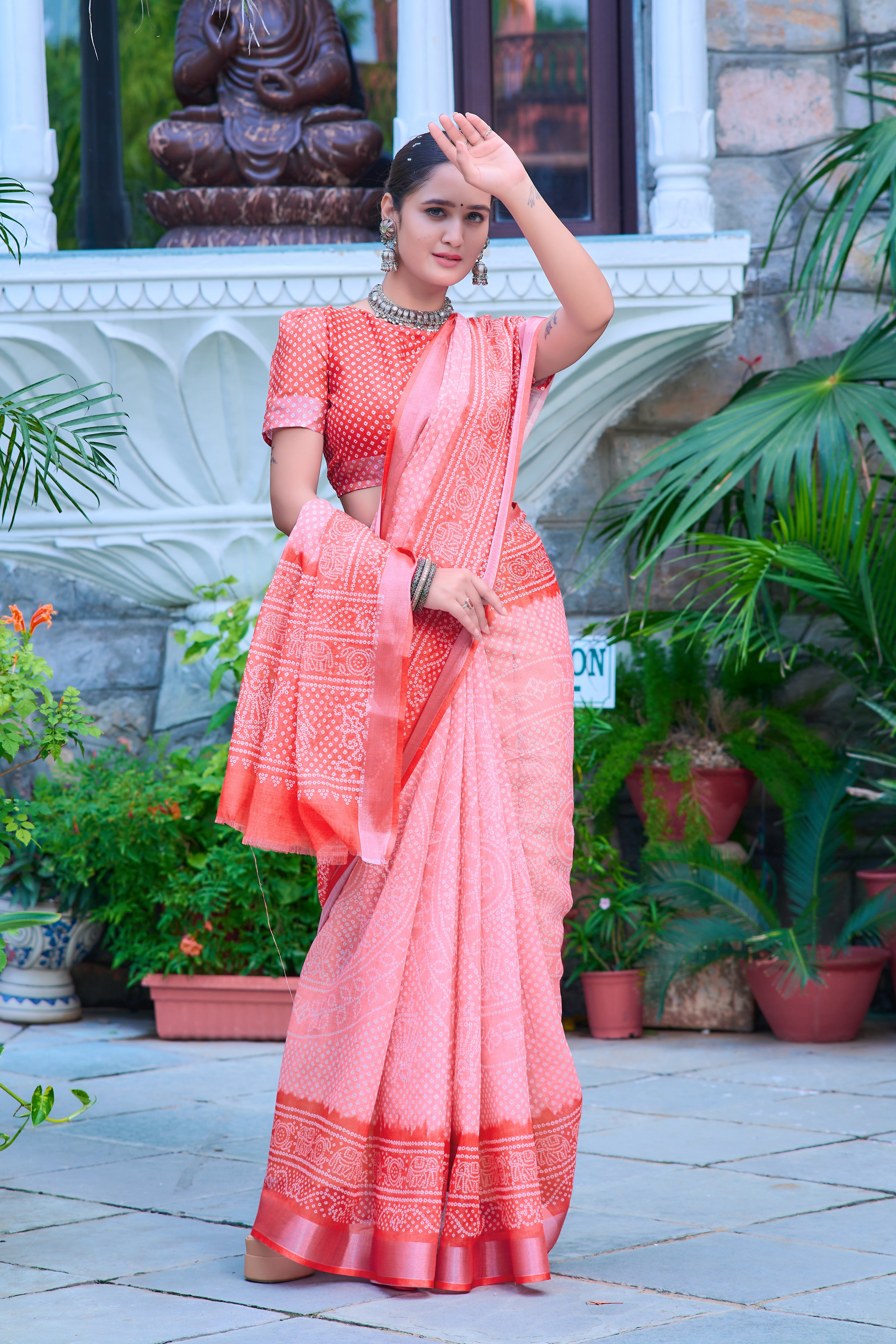 Delightful Peach Color Color Pure Cotton Lilen With Digital Printed Designer Saree