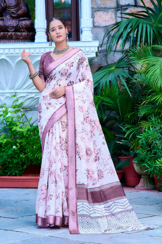 Blissful Wine Color Color Pure Cotton Lilen With Digital Printed Designer Saree