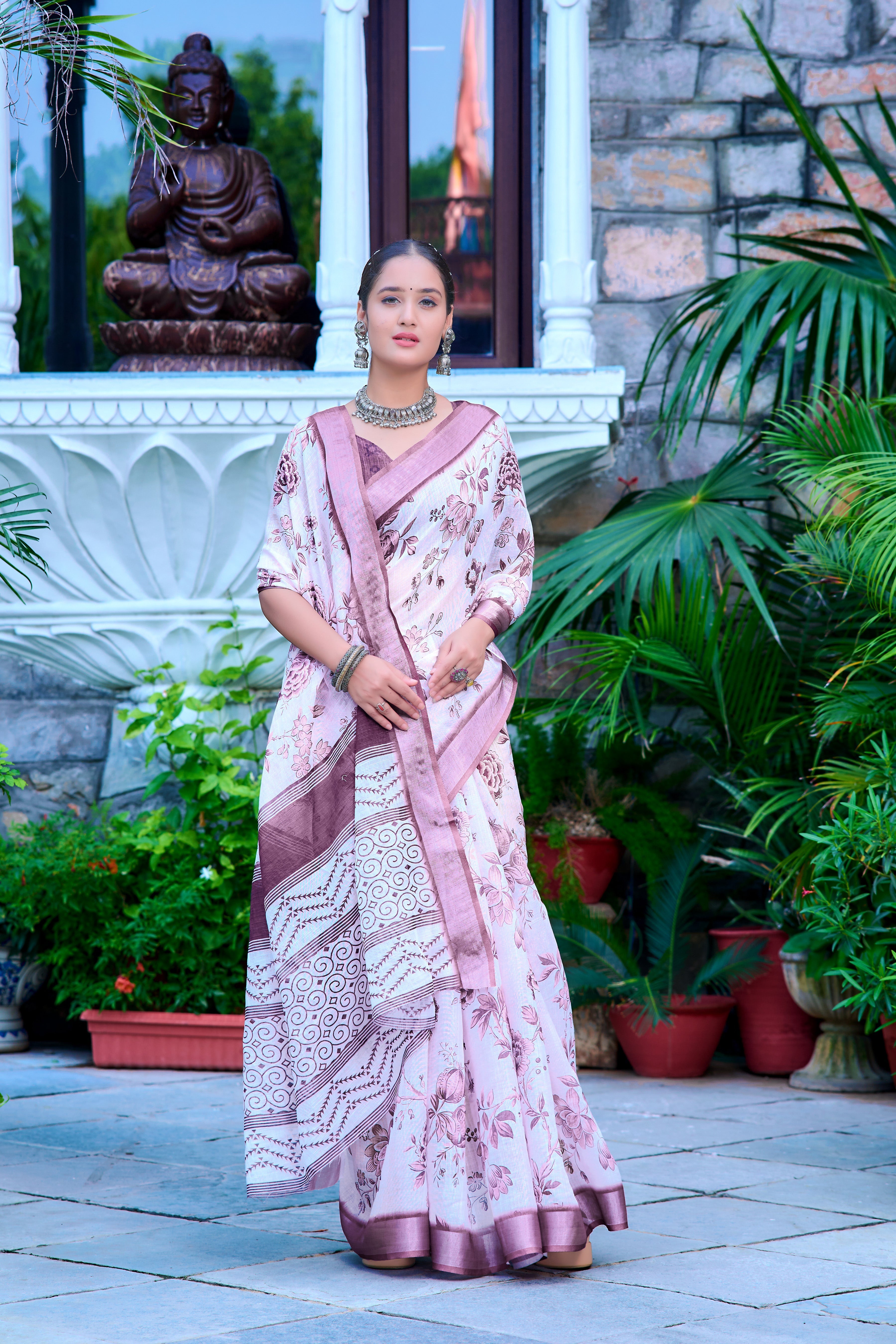 Blissful Wine Color Color Pure Cotton Lilen With Digital Printed Designer Saree