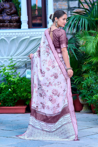 Blissful Wine Color Color Pure Cotton Lilen With Digital Printed Designer Saree