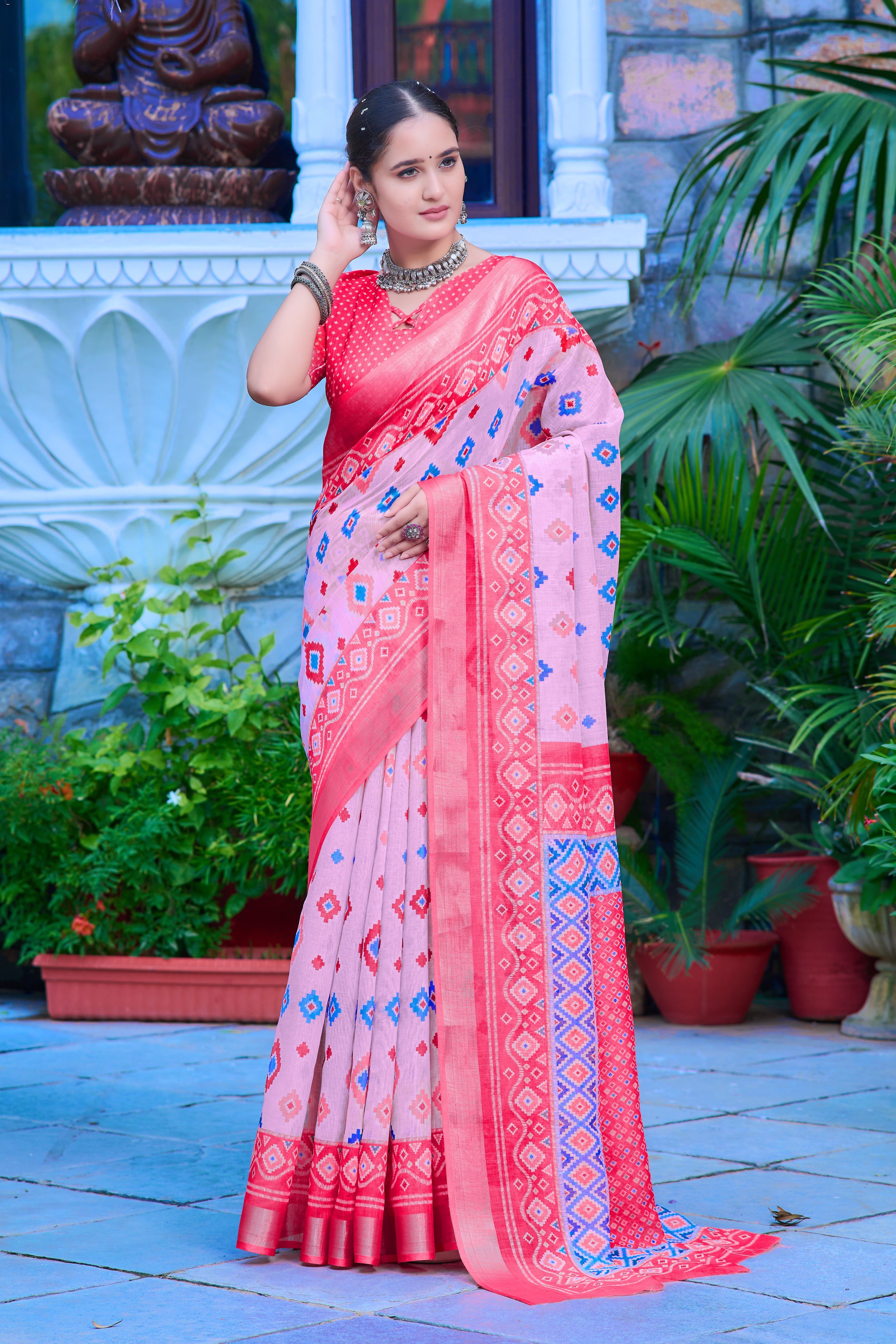 Glossy Baby Pink Color Color Pure Cotton Lilen With Digital Printed Designer Saree