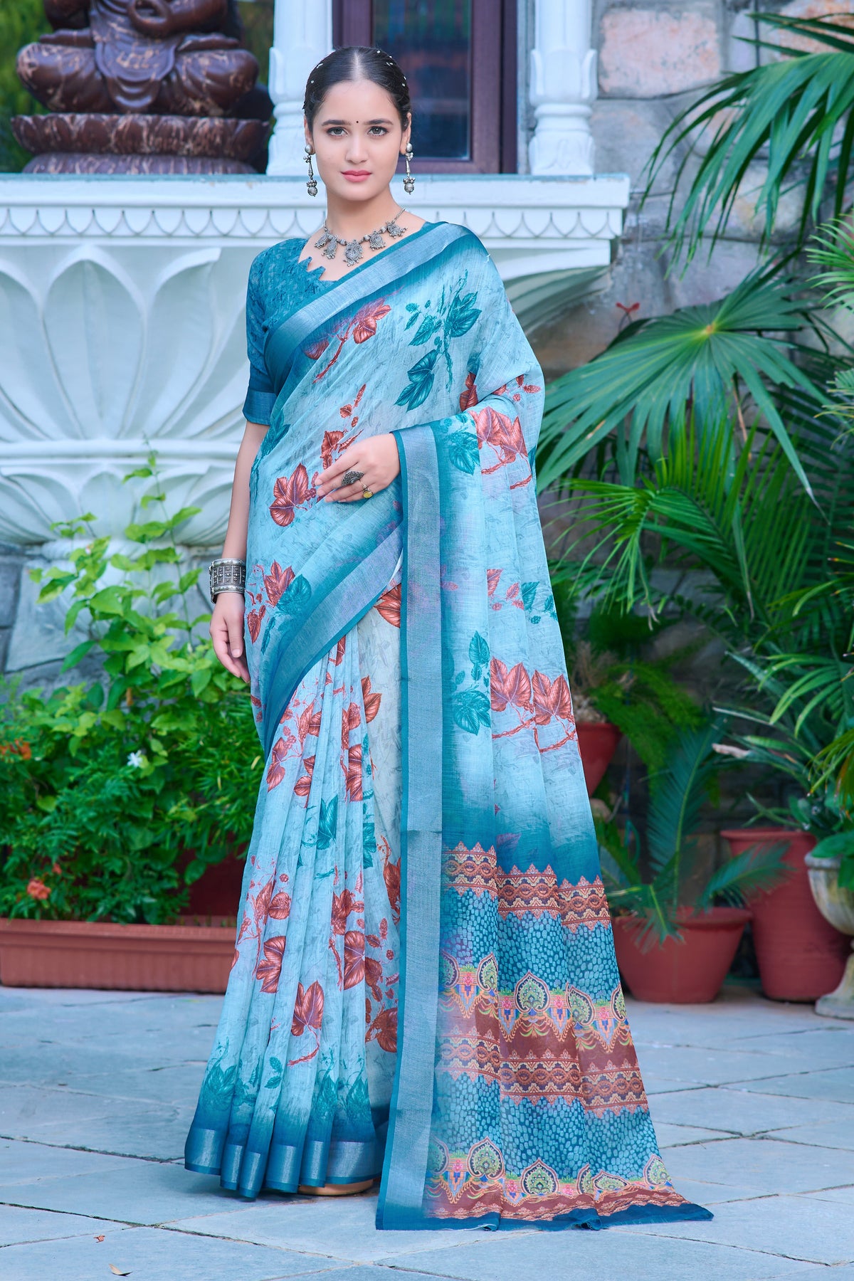 Terrific Sky Blue Color Color Pure Cotton Lilen With Digital Printed Designer Saree