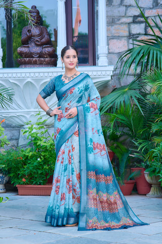 Terrific Sky Blue Color Color Pure Cotton Lilen With Digital Printed Designer Saree