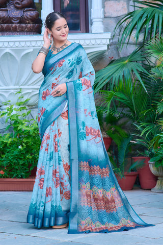 Terrific Sky Blue Color Color Pure Cotton Lilen With Digital Printed Designer Saree