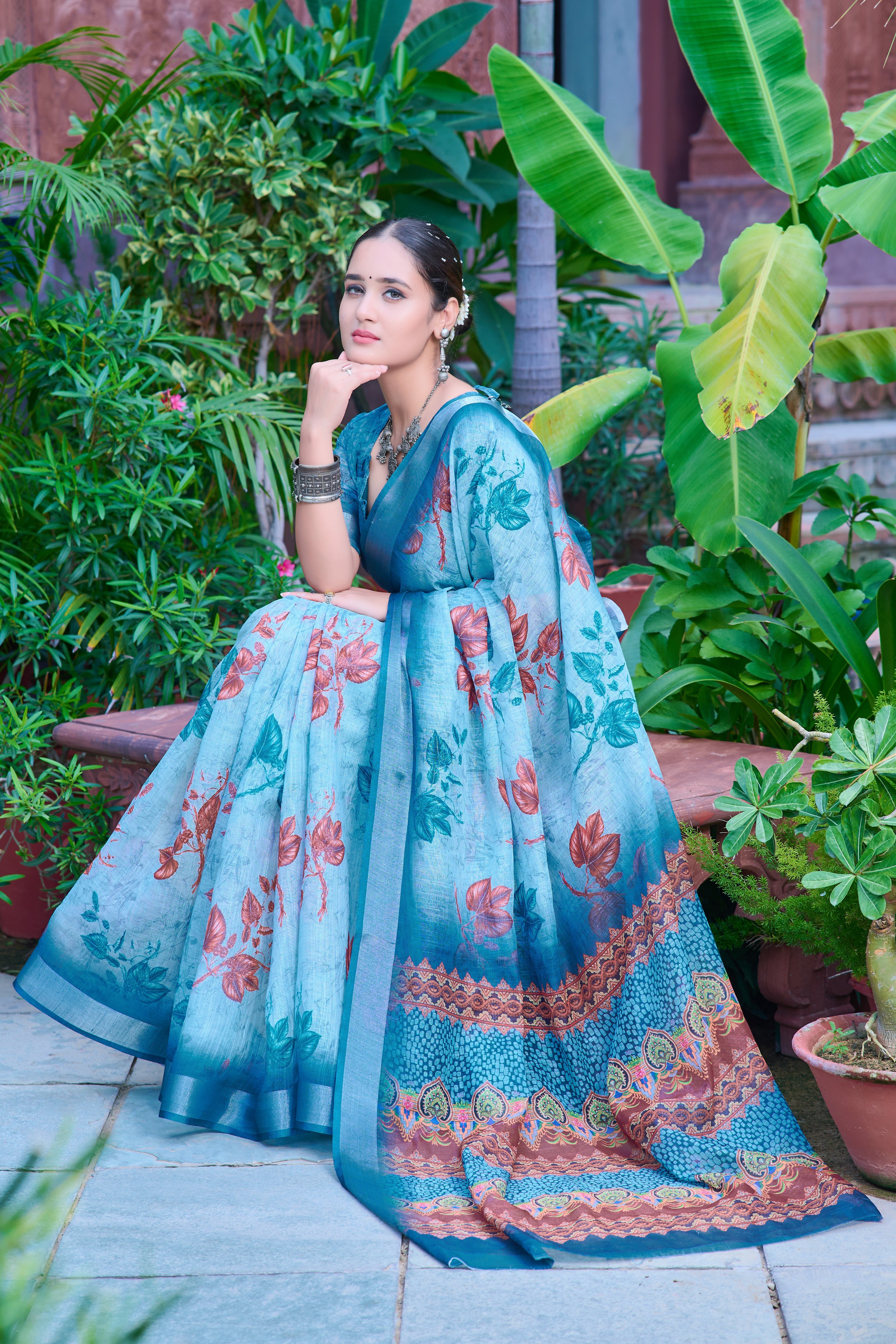 Terrific Sky Blue Color Color Pure Cotton Lilen With Digital Printed Designer Saree