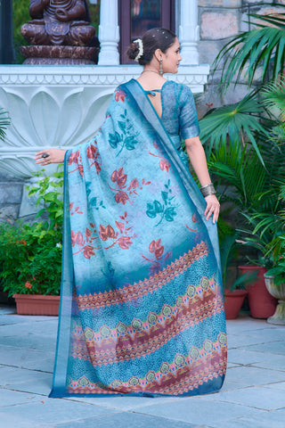 Terrific Sky Blue Color Color Pure Cotton Lilen With Digital Printed Designer Saree