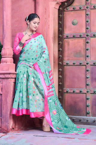 Elegant Parrot Green Color Color Pure Cotton Lilen With Digital Printed Designer Saree