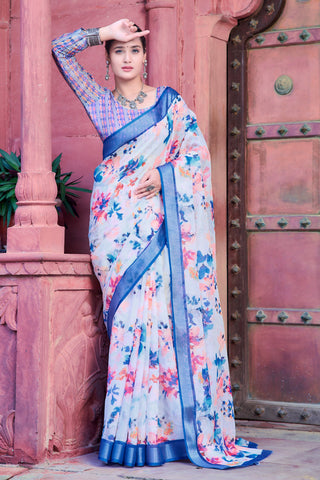 Graceful Blue And White Color Color Pure Cotton Lilen With Digital Printed Designer Saree