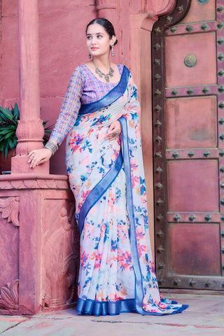 Graceful Blue And White Color Color Pure Cotton Lilen With Digital Printed Designer Saree