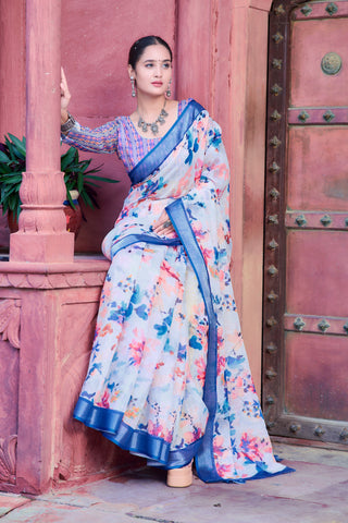 Graceful Blue And White Color Color Pure Cotton Lilen With Digital Printed Designer Saree