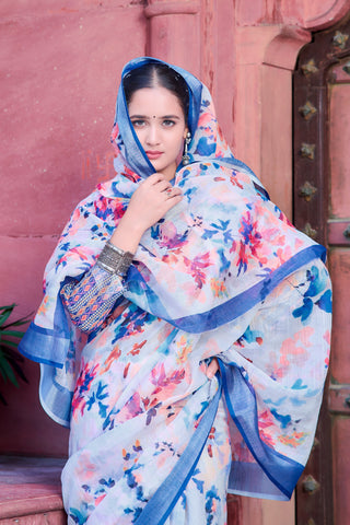 Graceful Blue And White Color Color Pure Cotton Lilen With Digital Printed Designer Saree