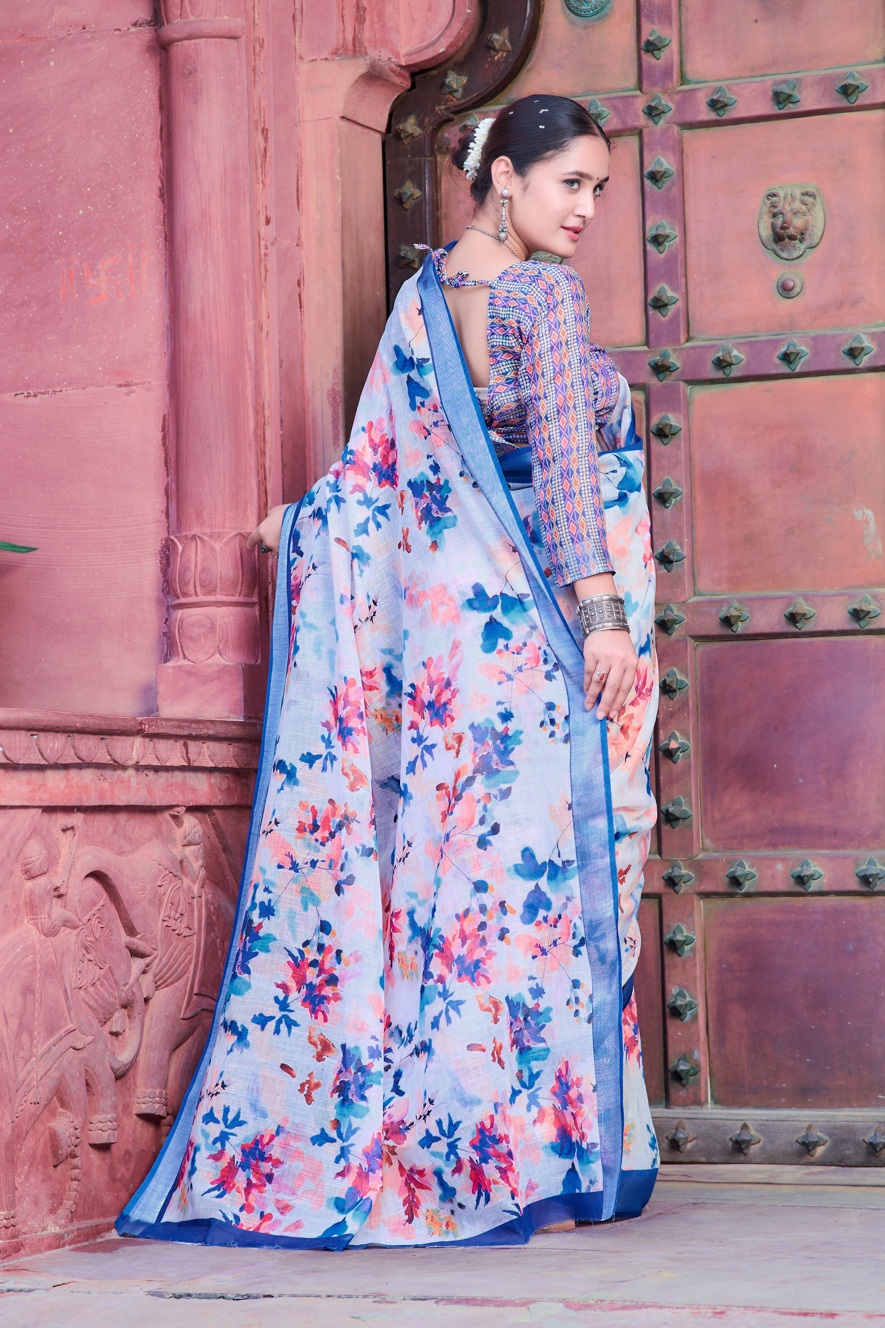 Graceful Blue And White Color Color Pure Cotton Lilen With Digital Printed Designer Saree