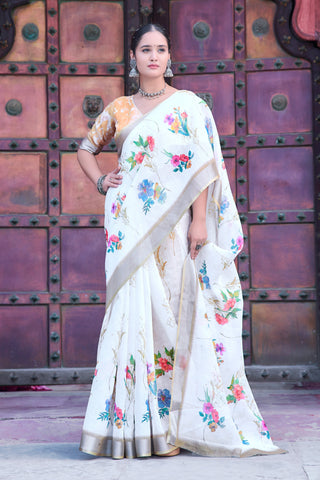 Imposing Off White Color Color Pure Cotton Lilen With Digital Printed Designer Saree