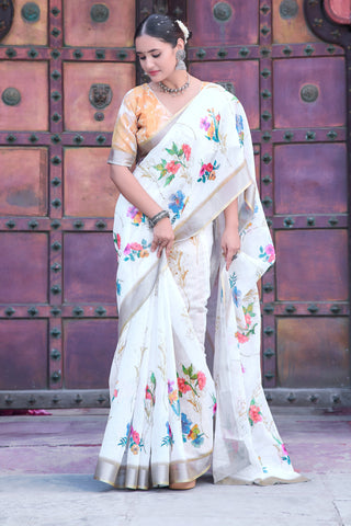 Imposing Off White Color Color Pure Cotton Lilen With Digital Printed Designer Saree