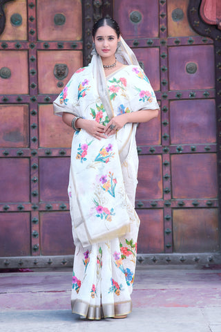 Imposing Off White Color Color Pure Cotton Lilen With Digital Printed Designer Saree