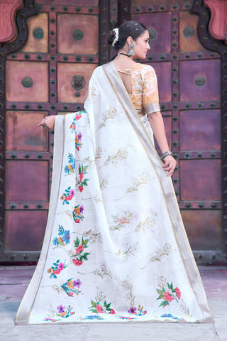 Imposing Off White Color Color Pure Cotton Lilen With Digital Printed Designer Saree