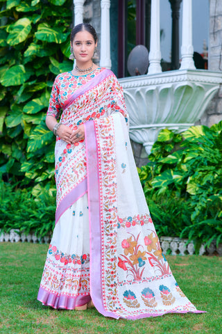 Fantastic White And Lavender Color Color Pure Cotton Lilen With Digital Printed Designer Saree