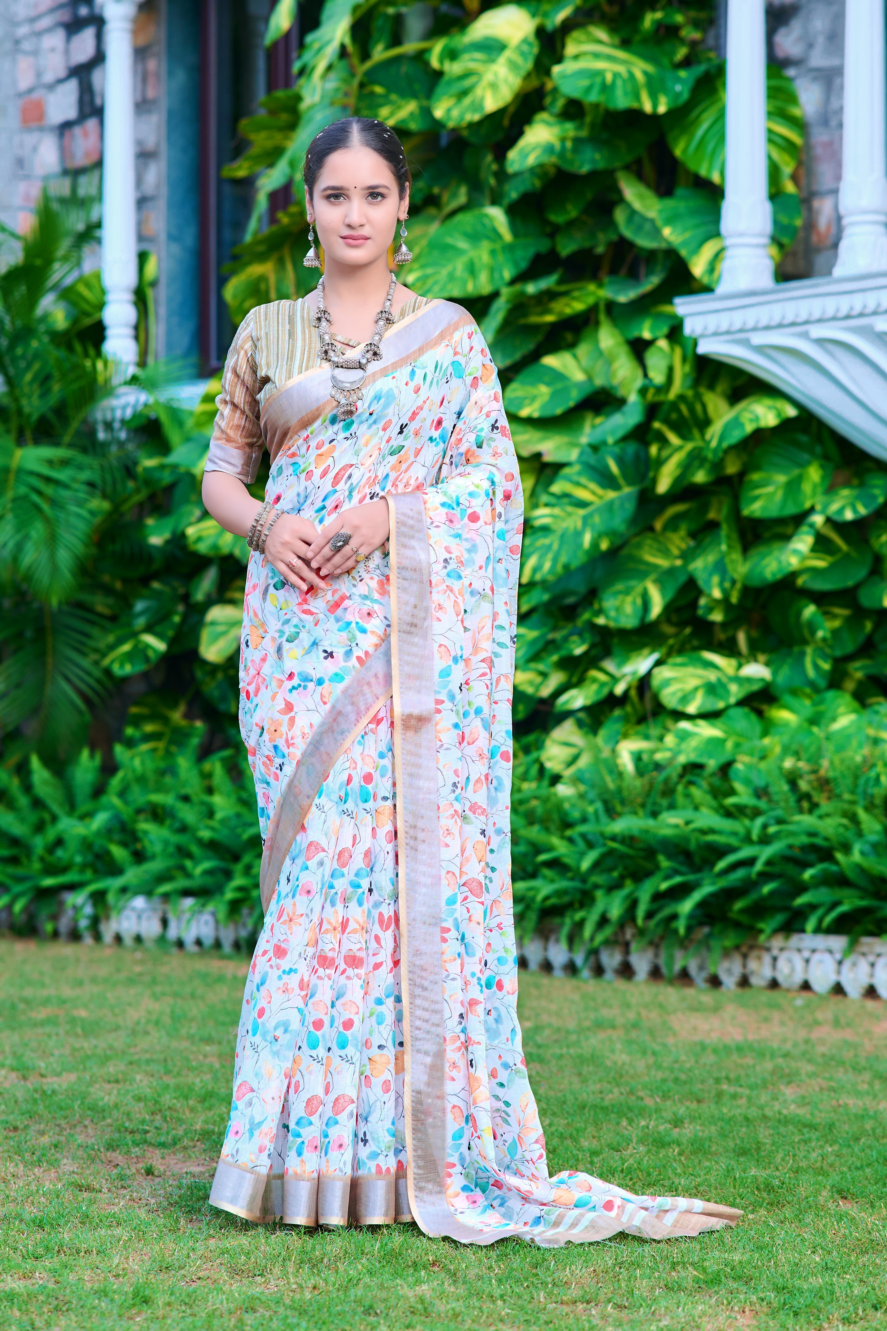 Dazzling Multi Color Color Pure Cotton Lilen With Digital Printed Designer Saree