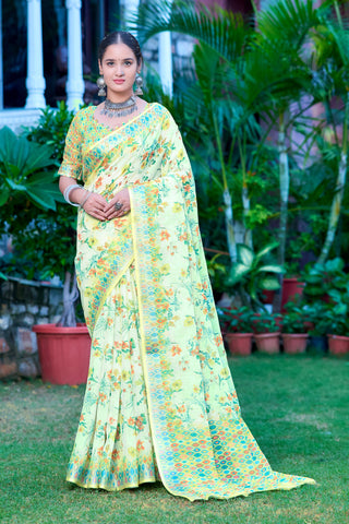 Glimmering Green Color Color Pure Cotton Lilen With Digital Printed Designer Saree