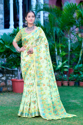 Glimmering Green Color Color Pure Cotton Lilen With Digital Printed Designer Saree