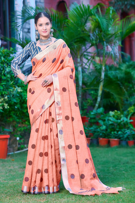 Charming Orange Color Color Pure Cotton Lilen With Digital Printed Designer Saree