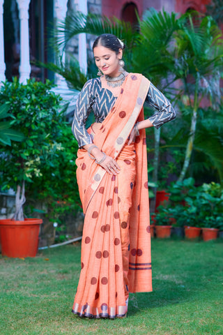 Charming Orange Color Color Pure Cotton Lilen With Digital Printed Designer Saree