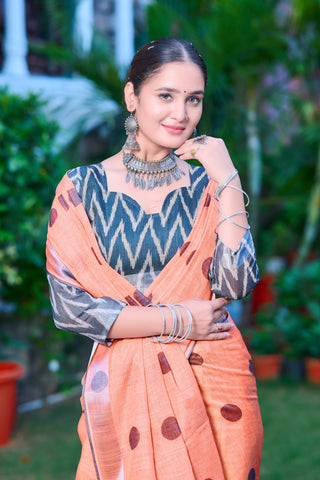 Charming Orange Color Color Pure Cotton Lilen With Digital Printed Designer Saree