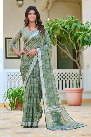 Captivating Mahendi Green Color Color Pure Cotton Lilen With Digital Printed Designer Saree