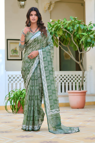 Captivating Mahendi Green Color Color Pure Cotton Lilen With Digital Printed Designer Saree