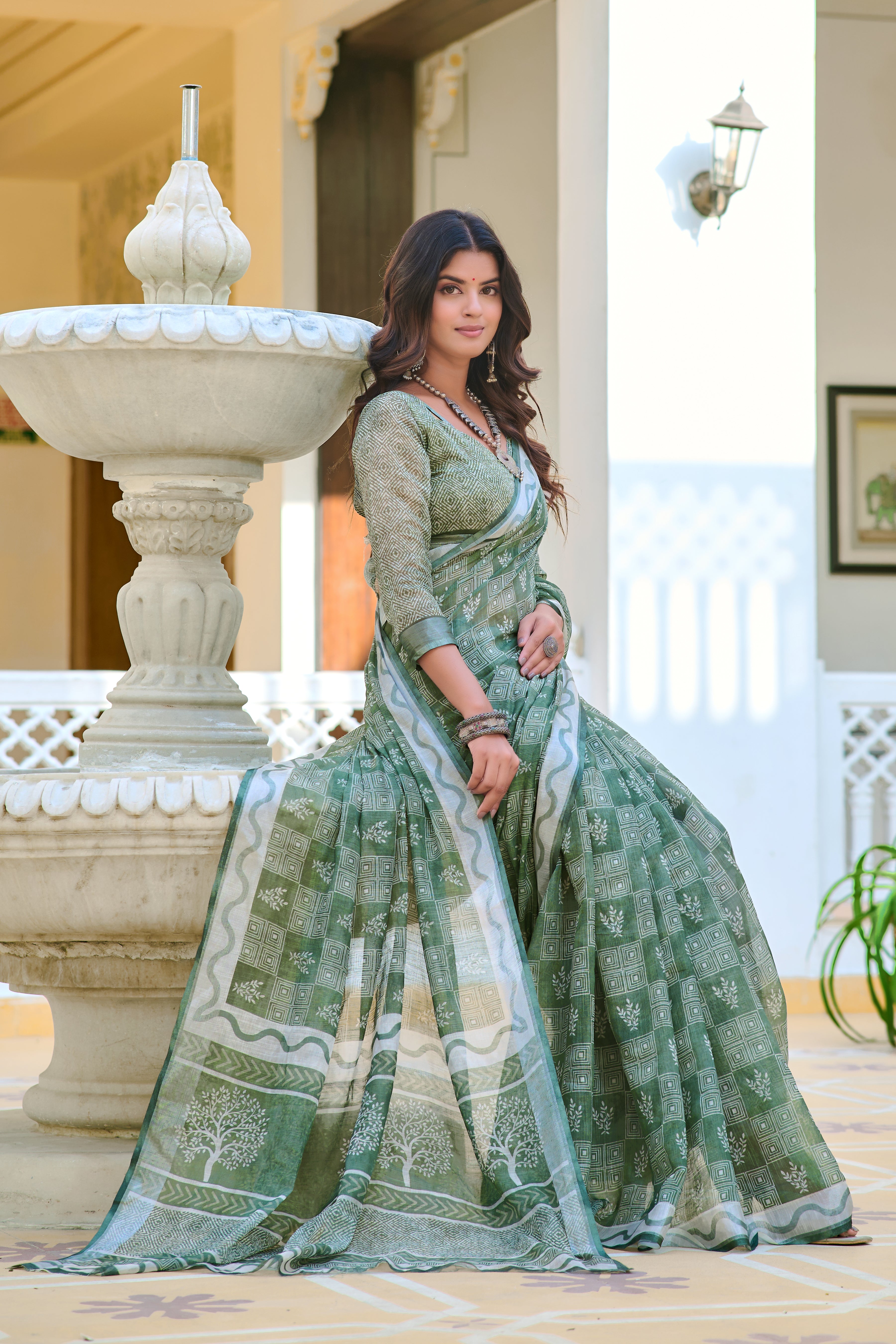 Captivating Mahendi Green Color Color Pure Cotton Lilen With Digital Printed Designer Saree
