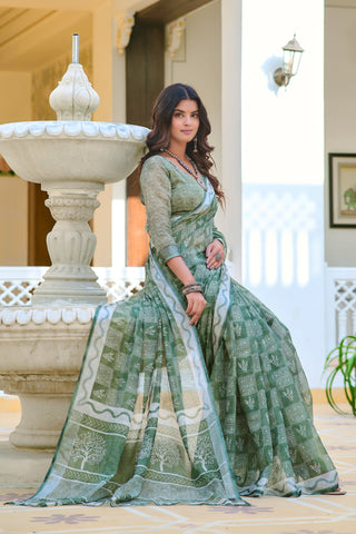 Captivating Mahendi Green Color Color Pure Cotton Lilen With Digital Printed Designer Saree