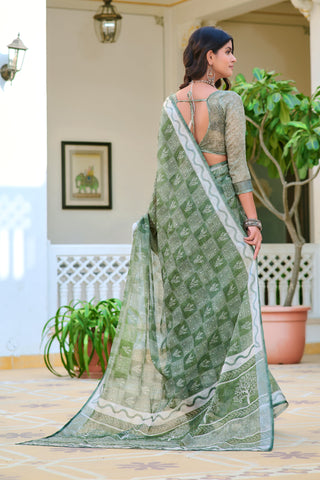 Captivating Mahendi Green Color Color Pure Cotton Lilen With Digital Printed Designer Saree