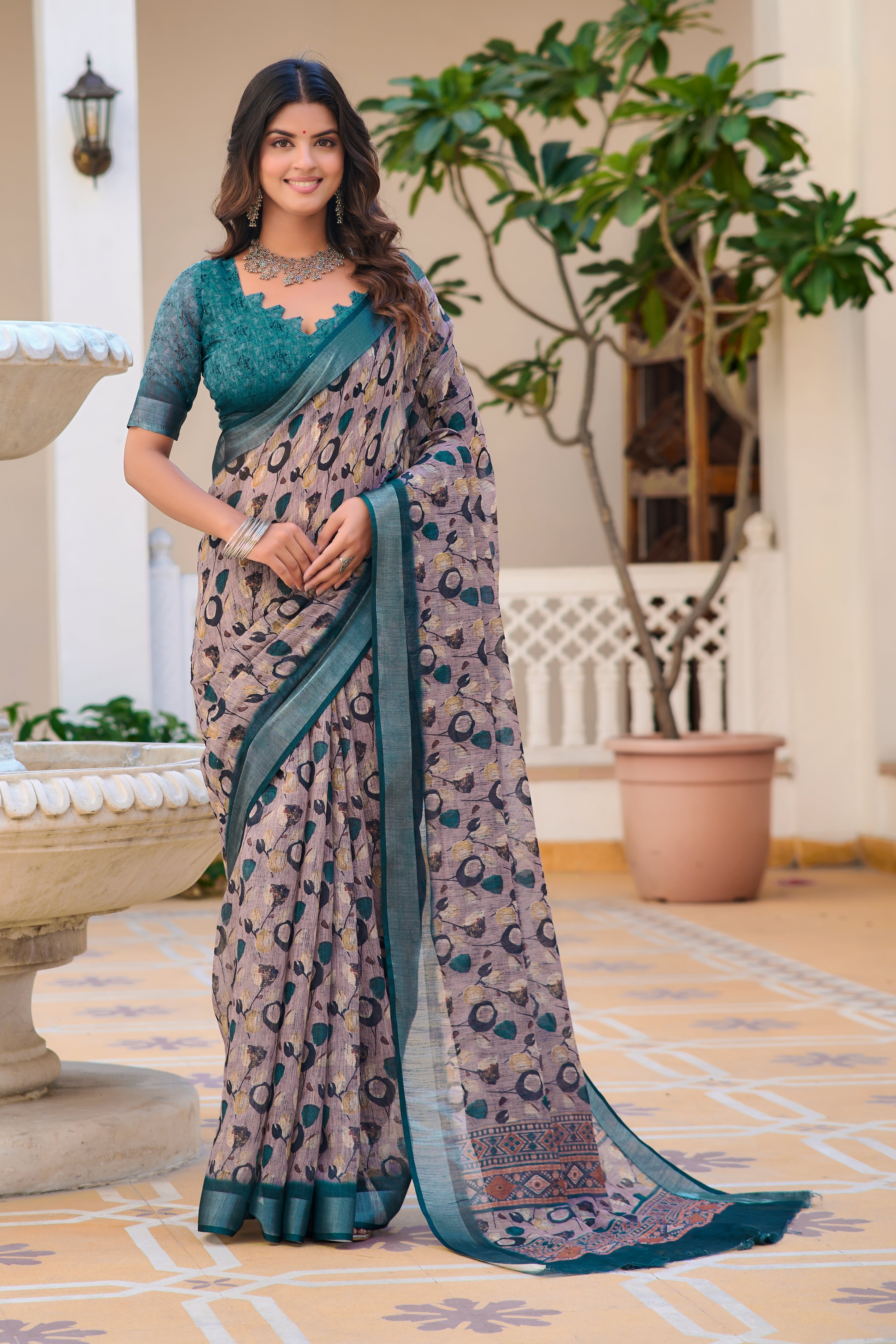 Demanding Coffee Color Color Pure Cotton Lilen With Digital Printed Designer Saree