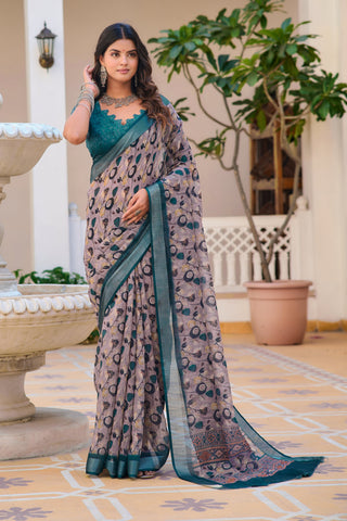 Demanding Coffee Color Color Pure Cotton Lilen With Digital Printed Designer Saree