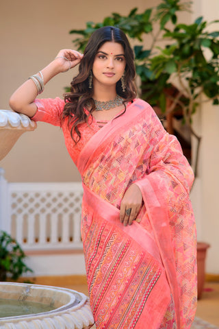 Awesome Peach Color Color Pure Cotton Lilen With Digital Printed Designer Saree