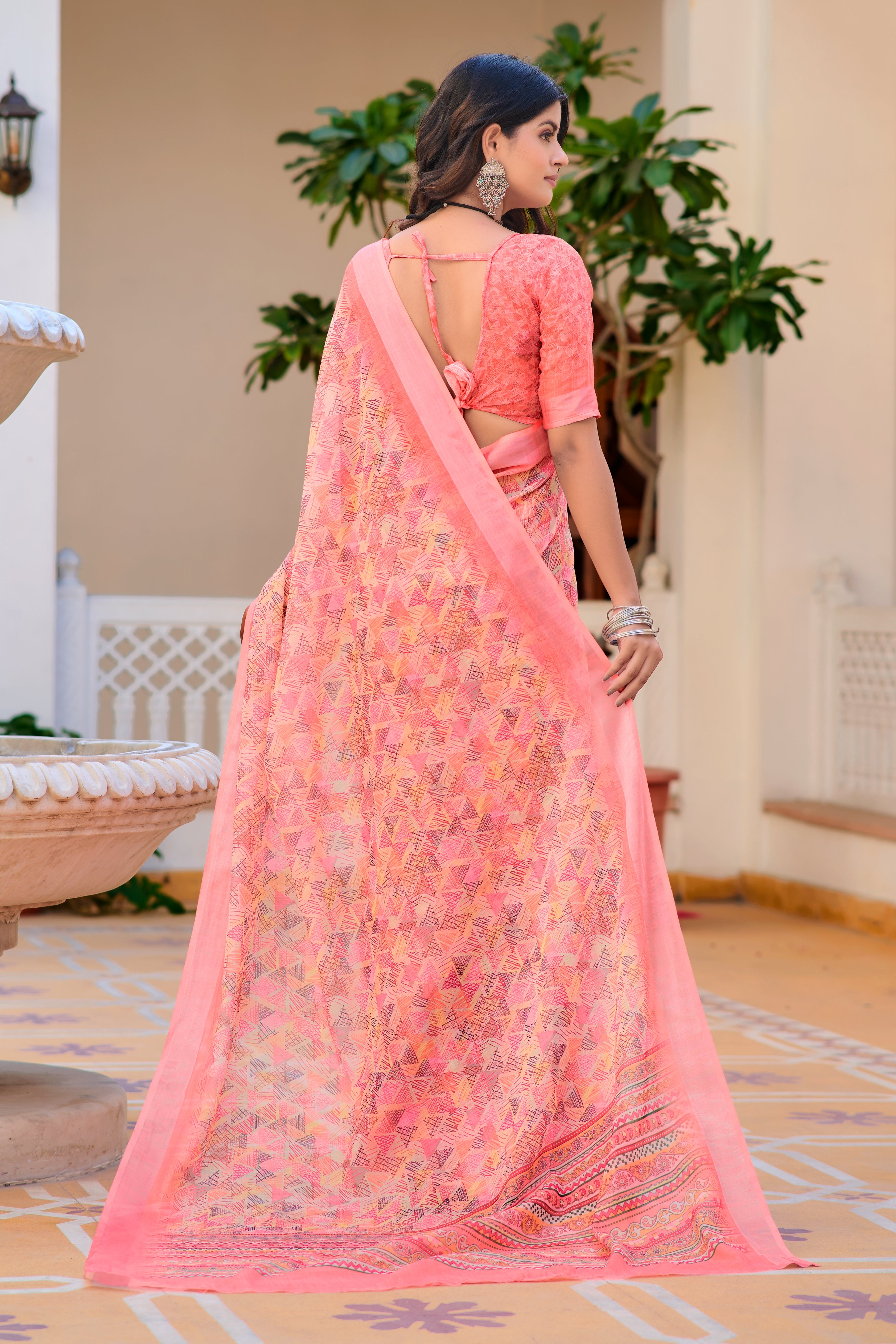 Awesome Peach Color Color Pure Cotton Lilen With Digital Printed Designer Saree