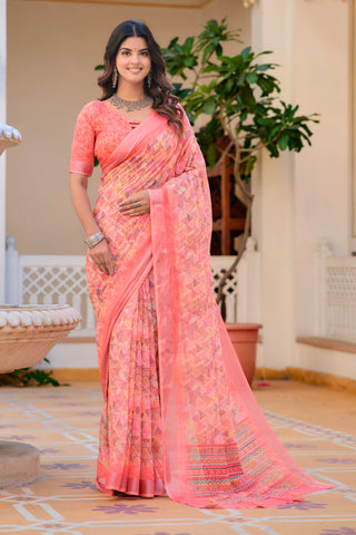 Awesome Peach Color Color Pure Cotton Lilen With Digital Printed Designer Saree