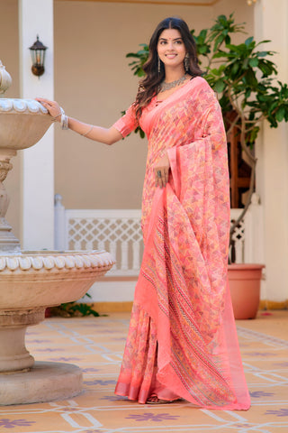 Awesome Peach Color Color Pure Cotton Lilen With Digital Printed Designer Saree