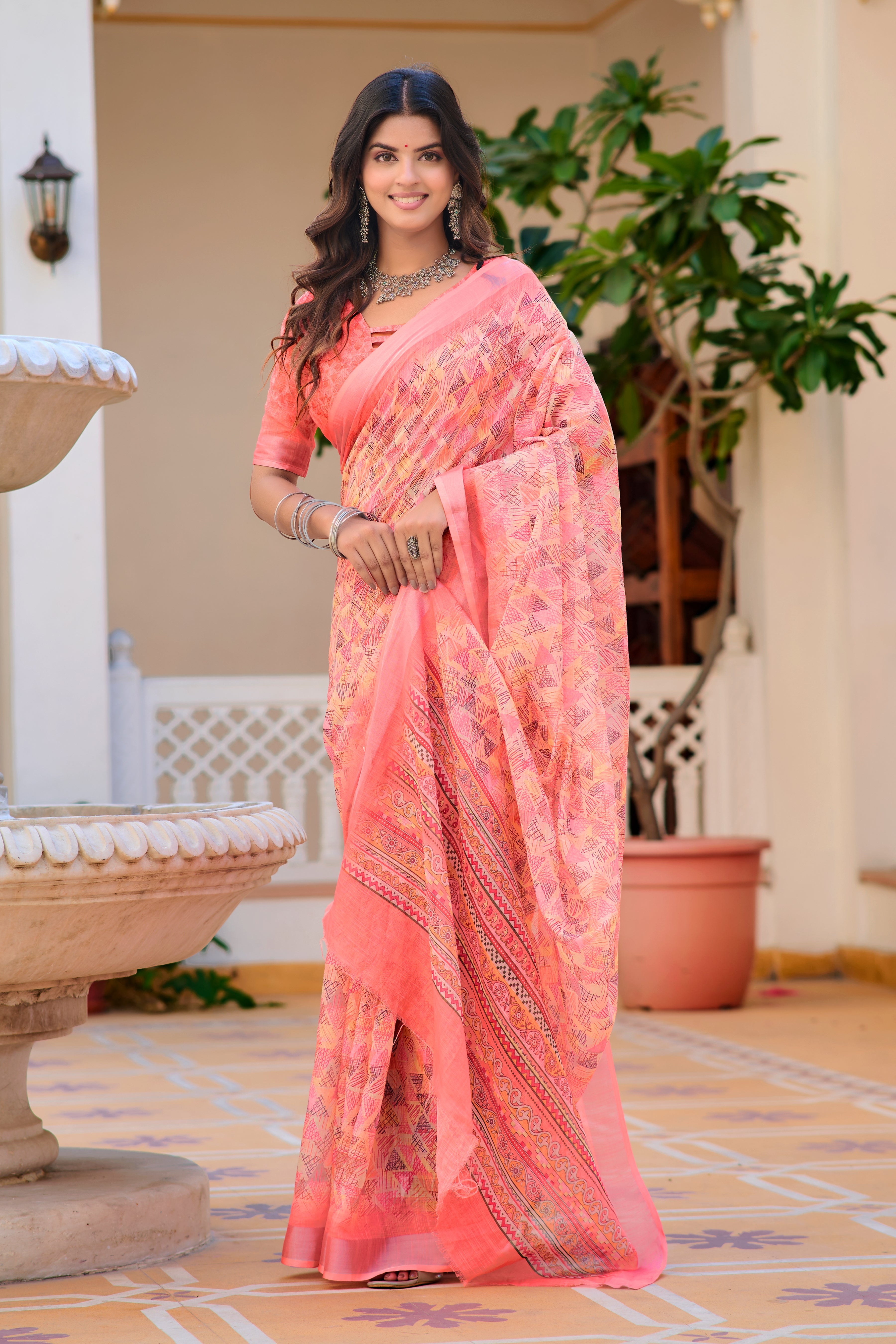 Awesome Peach Color Color Pure Cotton Lilen With Digital Printed Designer Saree