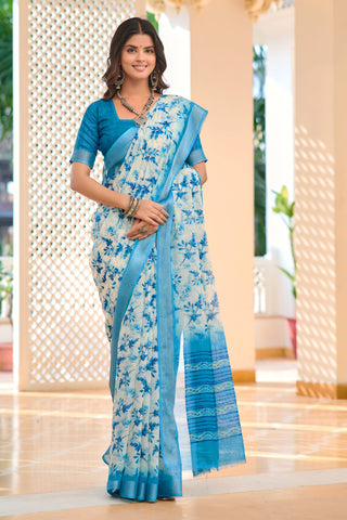 Designer Sky Blue Color Color Pure Cotton Lilen With Digital Printed Designer Saree