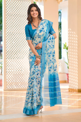 Designer Sky Blue Color Color Pure Cotton Lilen With Digital Printed Designer Saree